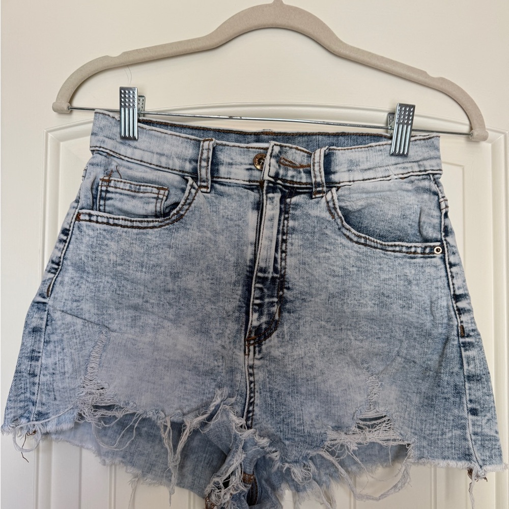 Light Wash Distressed High Rise Denim Shorts